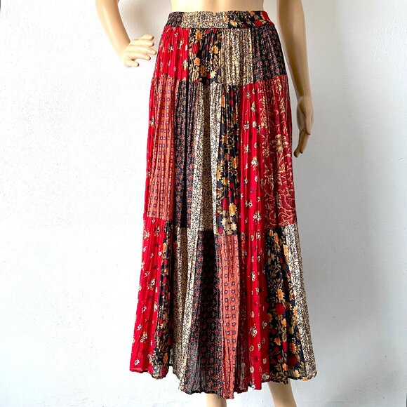Vintage Gauze Maxi Skirt Mixed Print Crinkle Skirt Multi-colored Long Skirt - S - Picture 2 of 6